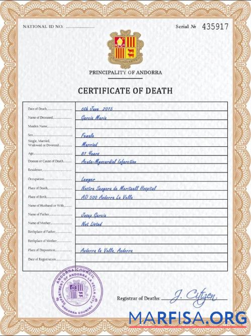 Realistic Andorra death certificate PSD template